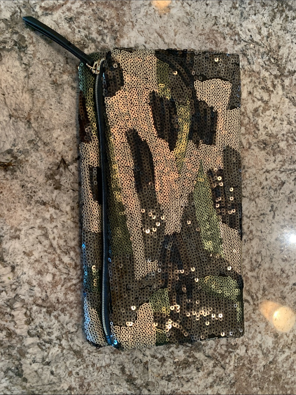 Stella & Dot Sequin Camo Wristlet in Black, Green & Tan